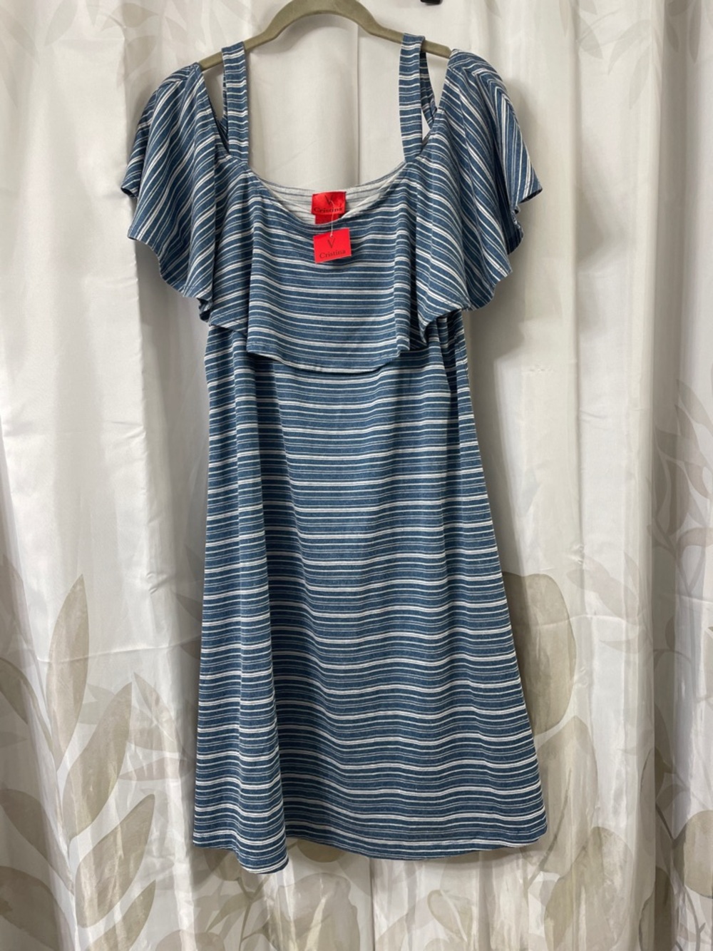 Christina Navy and White Striped Cold-Shoulder Midi Dress